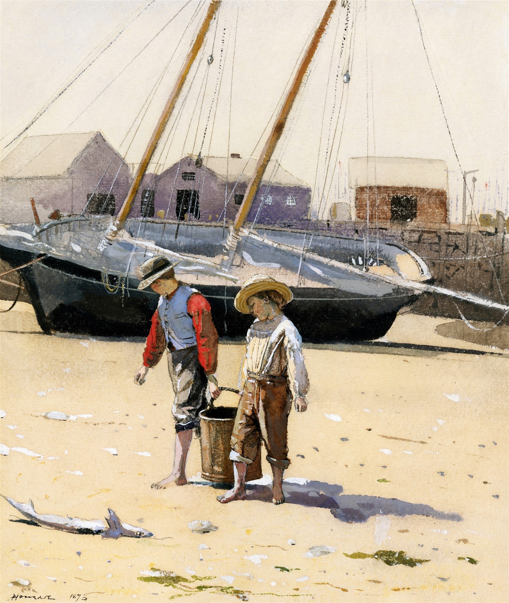 Quadro decorativo mostrando dois meninos descalços na areia de uma praia com um barco de pesca e construções ao fundo. Um dos meninos segura um balde. Há um peixe pequeno na areia. Assinatura 'Homer 1873' no canto inferior esquerdo.