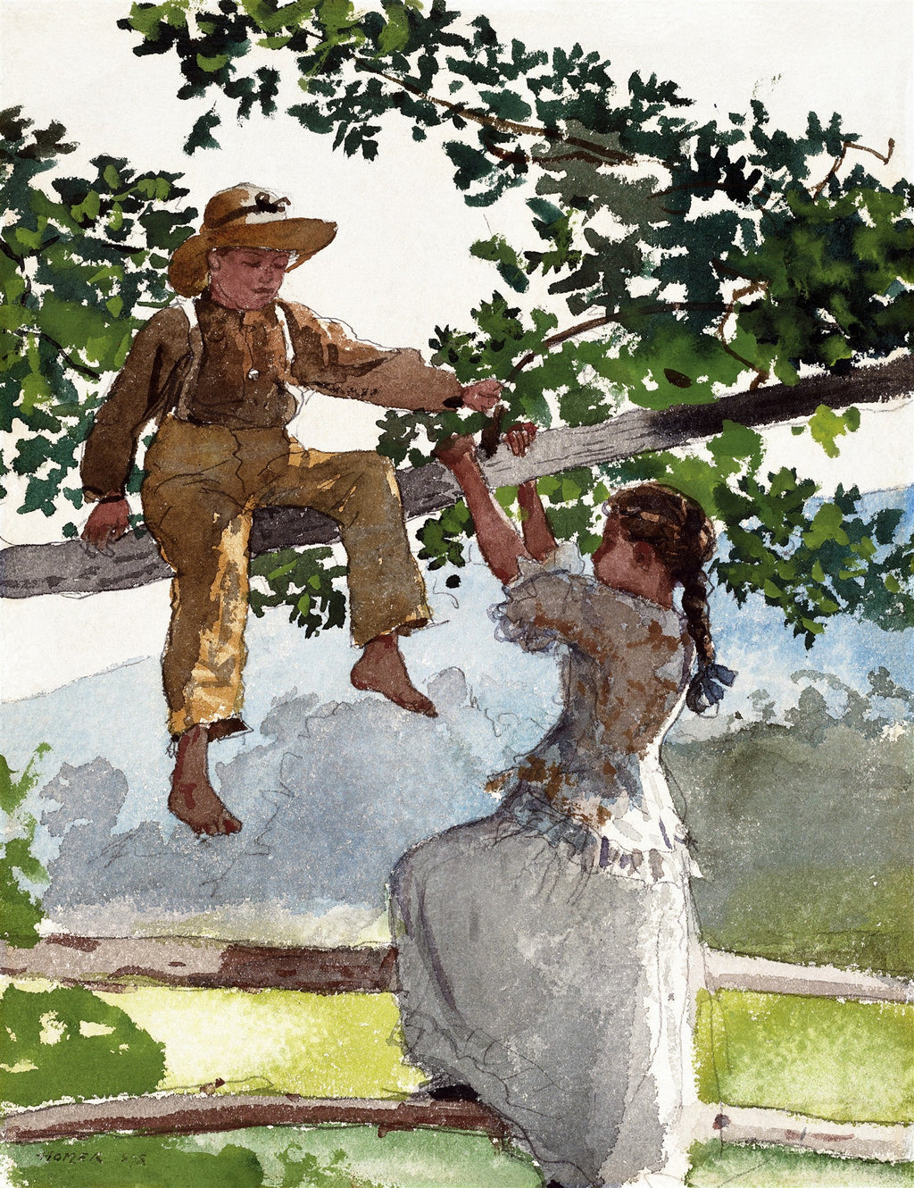 Quadro decorativo mostrando duas crianças brincando em uma árvore, uma sentada no galho e a outra tentando alcançá-la, em aquarela de Winslow Homer.