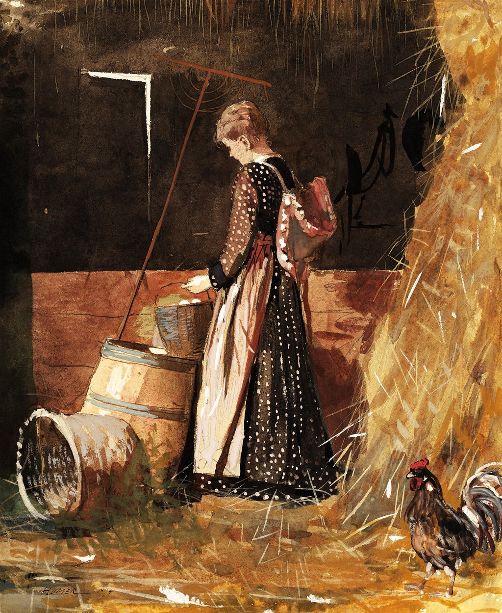 Quadro decorativo com aquarela de Winslow Homer, 'The Egg Gatherer', retratando uma mulher em um celeiro apanhando ovos, com um galo ao lado. Predominam tons terrosos de marrom e ocre.