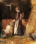 Quadro decorativo com aquarela de Winslow Homer, 'The Egg Gatherer', retratando uma mulher em um celeiro apanhando ovos, com um galo ao lado. Predominam tons terrosos de marrom e ocre.