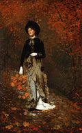 Mulher em trajes vitorianos caminhando em um bosque de outono com folhas caídas, segurando um ramo de folhas, obra de Winslow Homer.