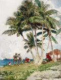 Quadro decorativo com aquarela de Winslow Homer, 'A Praia de Nassau', mostrando coqueiros altos, figuras em vestes antigas na praia e um mar azul com navios ao longe, sob um céu claro.