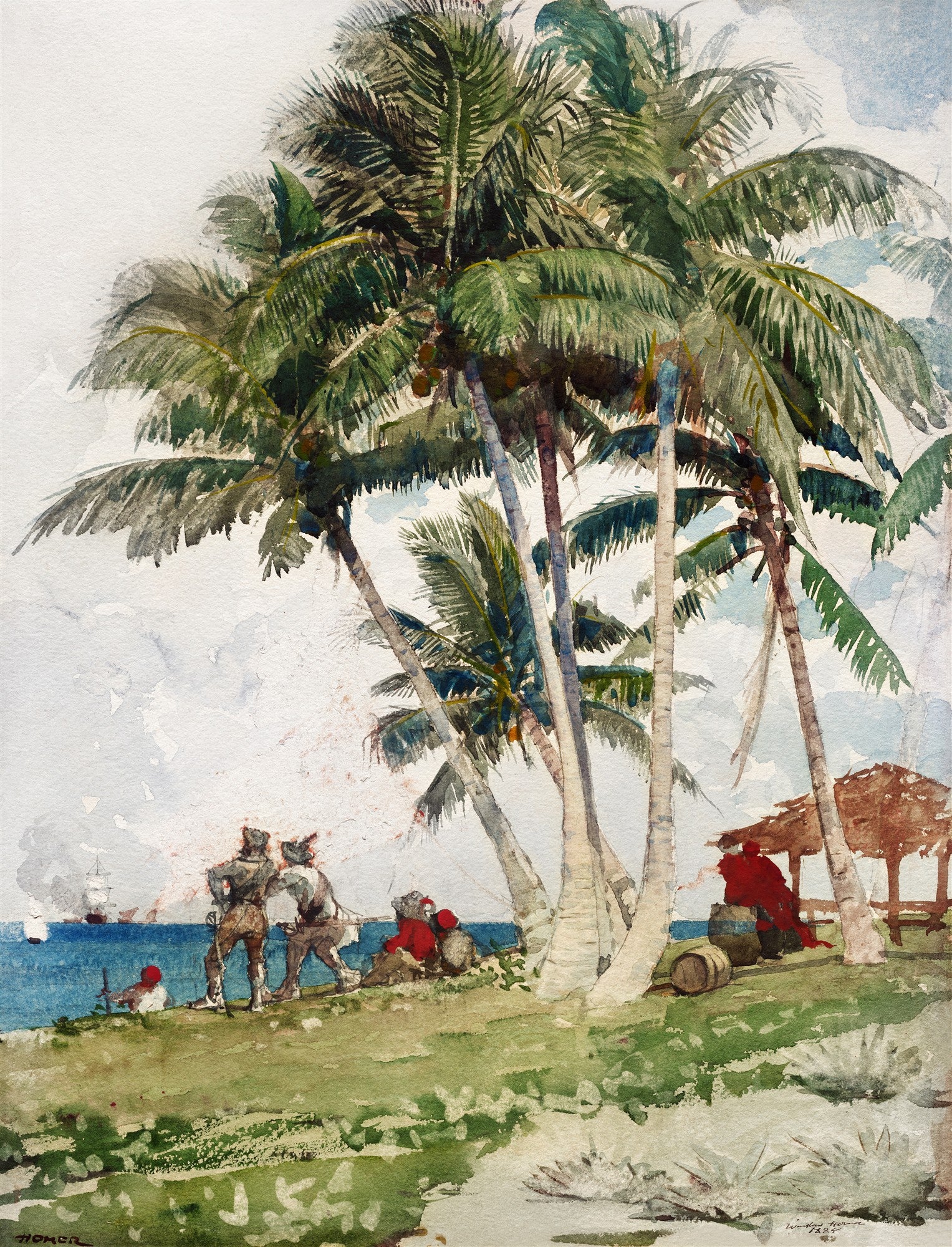 Quadro decorativo com aquarela de Winslow Homer, 'A Praia de Nassau', mostrando coqueiros altos, figuras em vestes antigas na praia e um mar azul com navios ao longe, sob um céu claro.