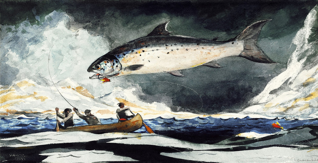 Quadro decorativo em aquarela de Winslow Homer, 'Leaping Trout', mostrando um grande salmão saltando da água enquanto pescadores em um barco tentam capturá-lo. As cores são vibrantes, com tons de azul, branco e marrom, e a cena é dramática e cheia de movimento, com nuvens escuras no céu.