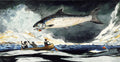 Quadro decorativo em aquarela de Winslow Homer, 'Leaping Trout', mostrando um grande salmão saltando da água enquanto pescadores em um barco tentam capturá-lo. As cores são vibrantes, com tons de azul, branco e marrom, e a cena é dramática e cheia de movimento, com nuvens escuras no céu.