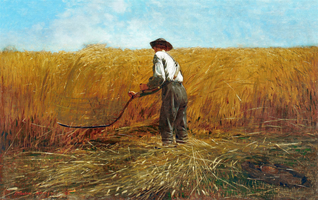 Quadro decorativo mostrando um homem segando um campo de trigo sob um céu azul. A cena é vibrante com tons de amarelo dourado e azul.