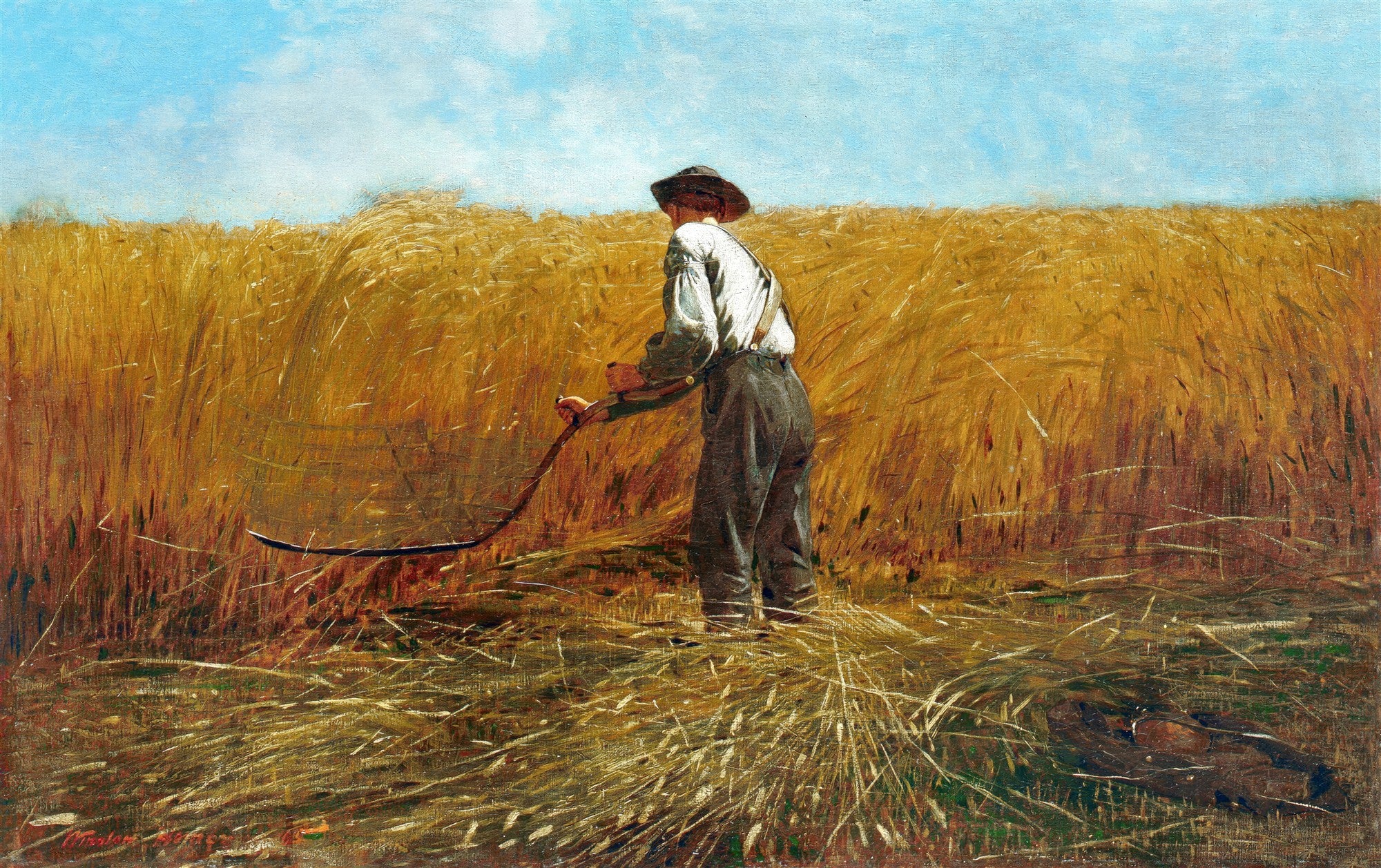 Quadro decorativo mostrando um homem segando um campo de trigo sob um céu azul. A cena é vibrante com tons de amarelo dourado e azul.