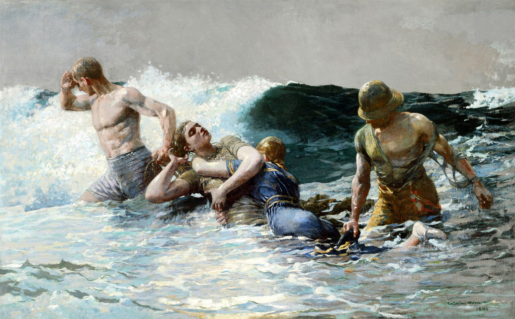 Quadro decorativo "A Vida Selvagem" de Winslow Homer, retratando um resgate dramático no mar com ondas turbulentas e três figuras humanas.