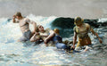 Quadro decorativo "A Vida Selvagem" de Winslow Homer, retratando um resgate dramático no mar com ondas turbulentas e três figuras humanas.