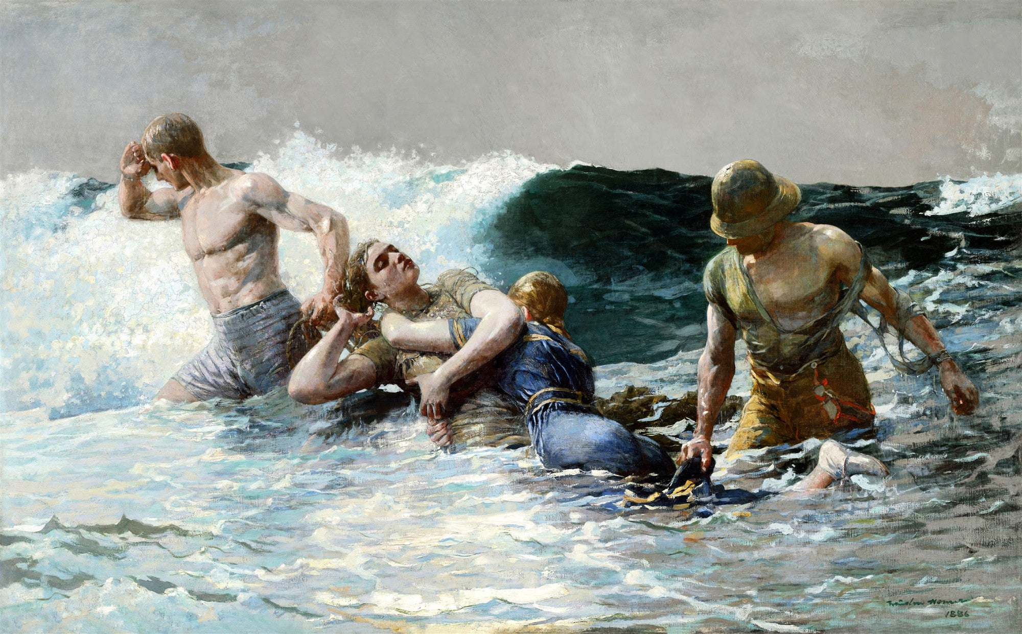 Quadro decorativo "A Vida Selvagem" de Winslow Homer, retratando um resgate dramático no mar com ondas turbulentas e três figuras humanas.