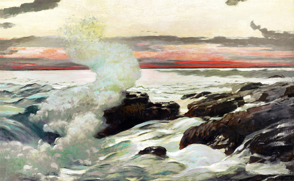 Quadro decorativo mostrando uma cena marinha dramática de Winslow Homer, com ondas quebrando violentamente em rochas escuras. O céu ao fundo apresenta tons vibrantes de vermelho e laranja, indicando um pôr do sol intenso. A espuma das ondas é branca e esverdeada, contrastando com o azul-escuro da água e as sombras das rochas. A composição transmite movimento e a grandiosidade do oceano.