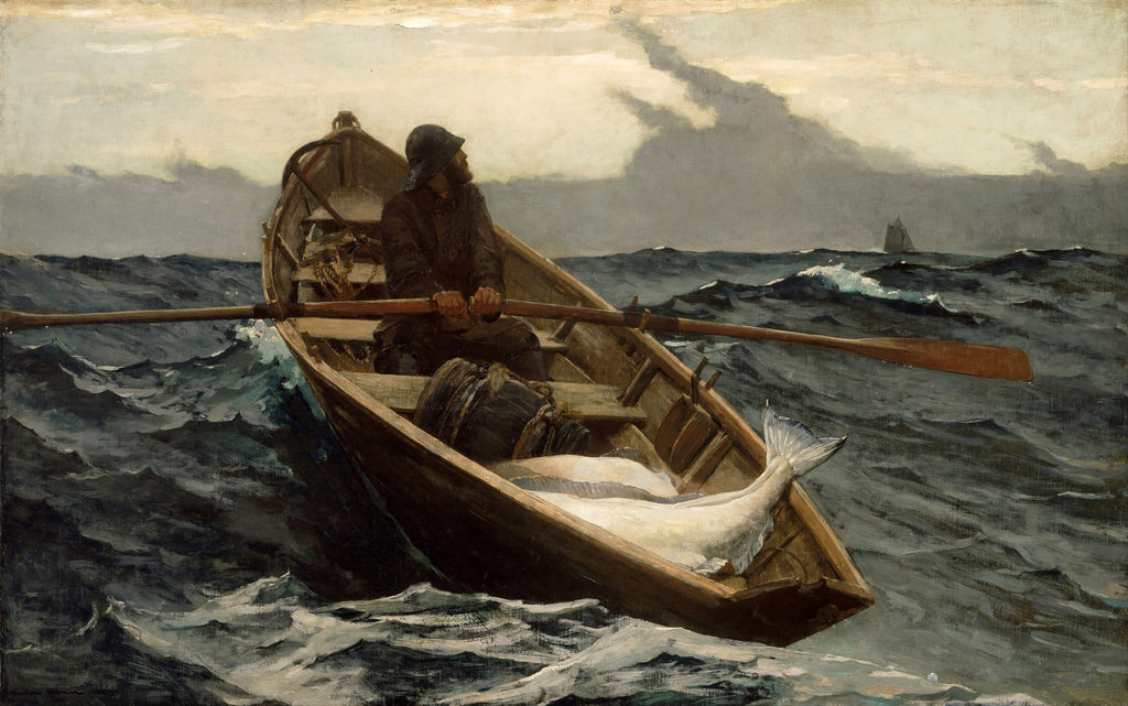 Pintura a óleo de Winslow Homer, 'The Gulf Stream', mostrando um pescador solitário em um pequeno barco à deriva em um mar agitado, com um tubarão ao lado da embarcação e um navio distante no horizonte.