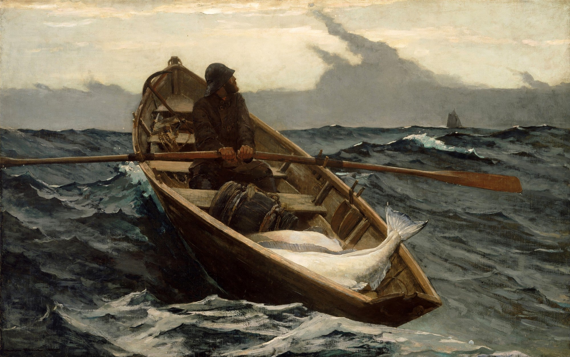 Pintura a óleo de Winslow Homer, 'The Gulf Stream', mostrando um pescador solitário em um pequeno barco à deriva em um mar agitado, com um tubarão ao lado da embarcação e um navio distante no horizonte.