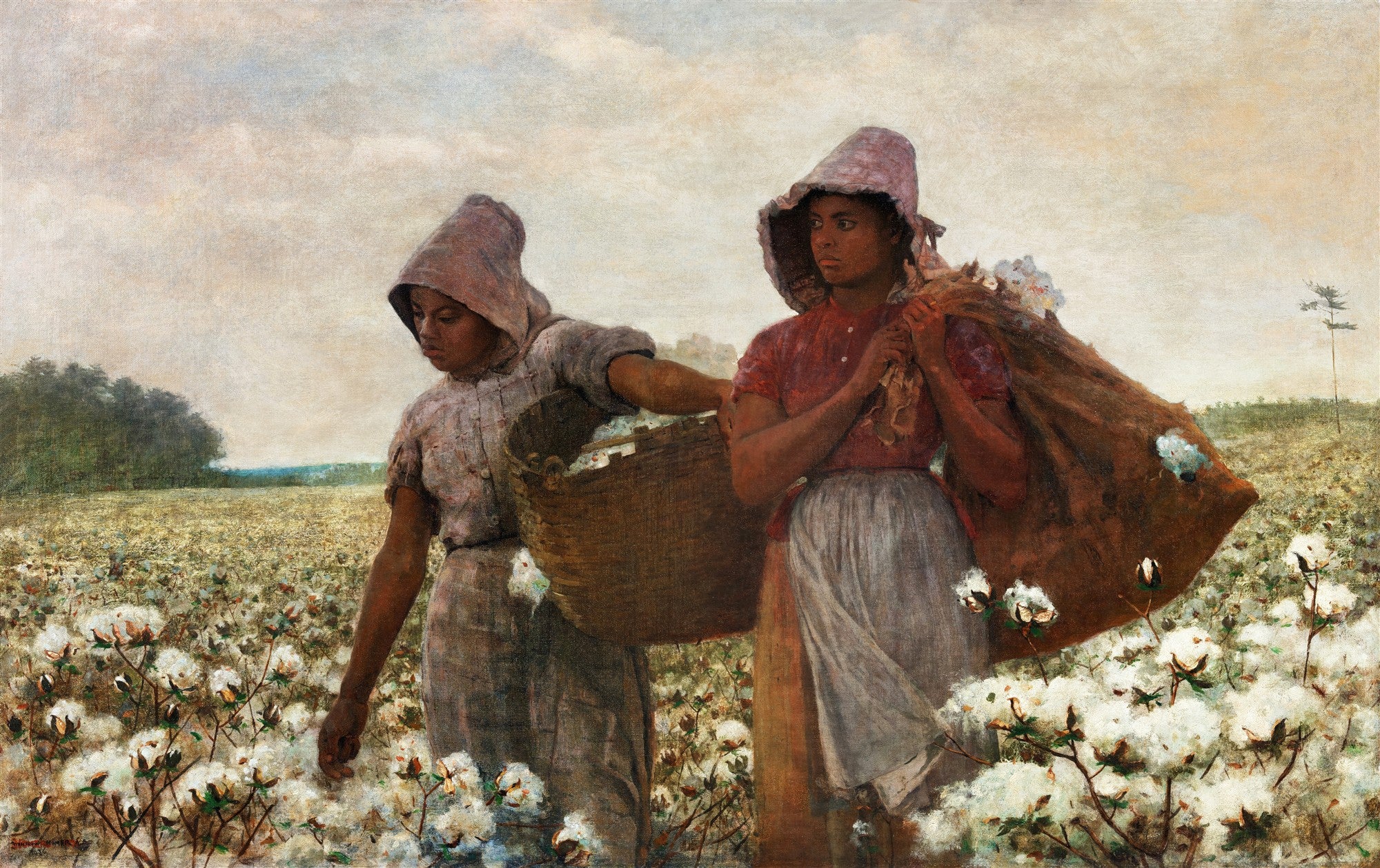 Duas mulheres em um campo de algodão, uma com cesto e outra com saco sobre o ombro, sob um céu nublado, pintura a óleo de Winslow Homer.