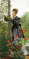 Mulher em vestido escuro com laço no cabelo observando flores em um jardim verde exuberante, obra de Winslow Homer, com assinatura WH.