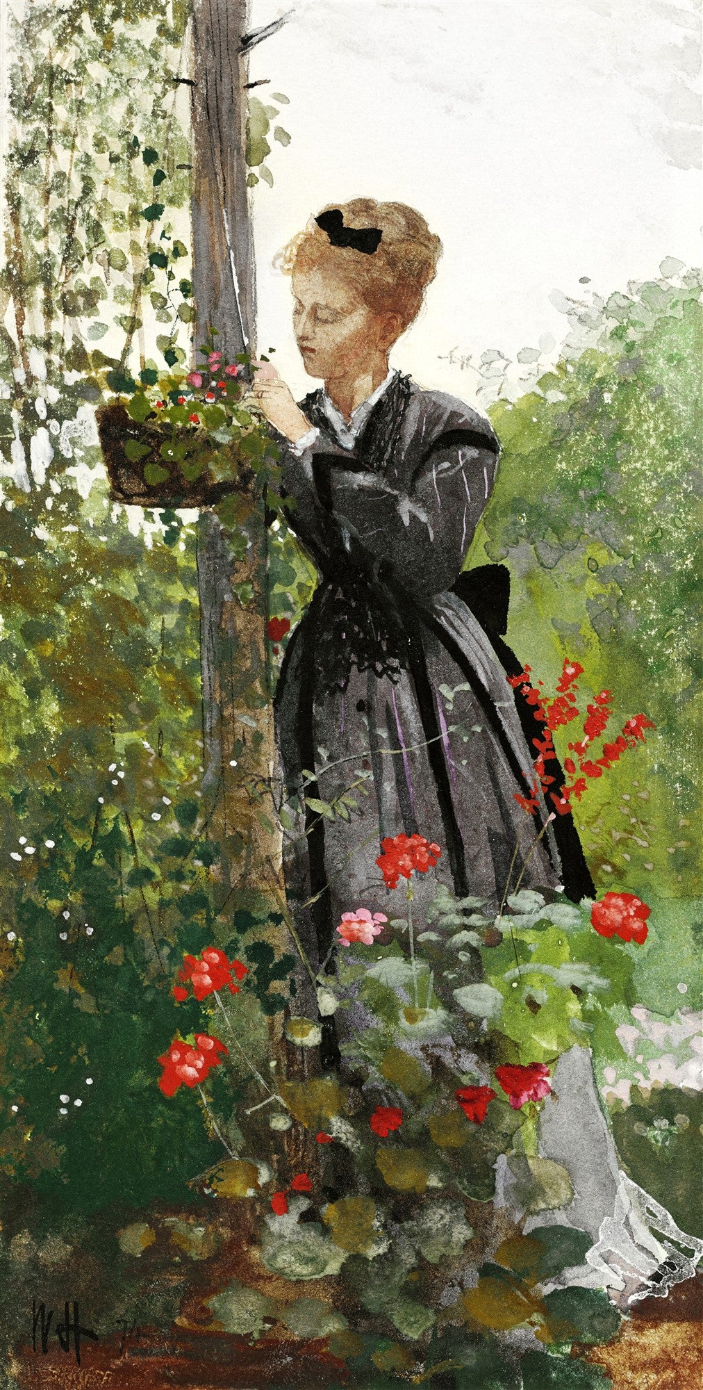 Mulher em vestido escuro com laço no cabelo observando flores em um jardim verde exuberante, obra de Winslow Homer, com assinatura WH.