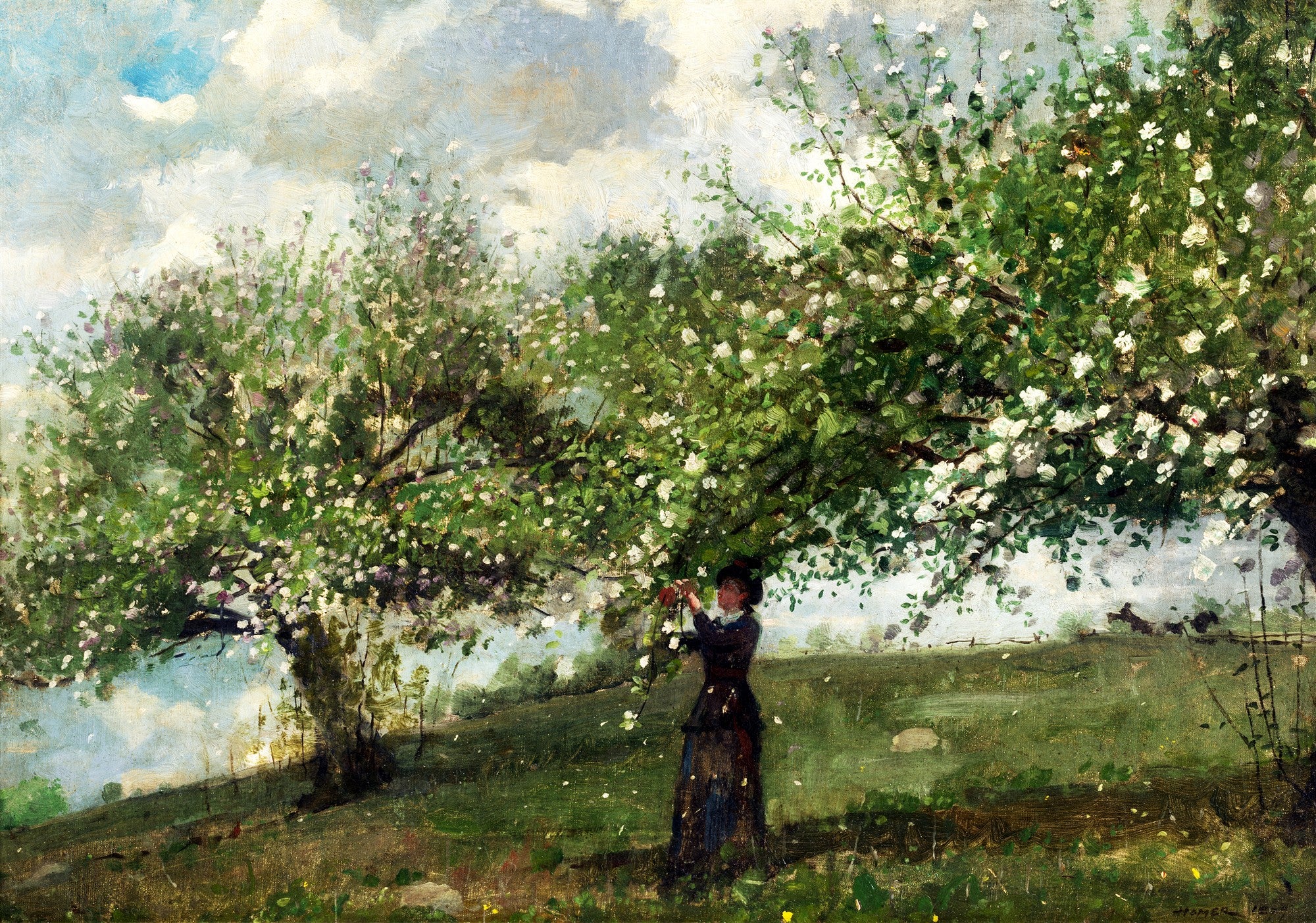Pintura a óleo de Winslow Homer, 'Spring', que retrata uma mulher de costas, em um pomar florido, com árvores de flores brancas e rosadas sob um céu azul claro com nuvens brancas. O chão é de grama verde, e a luz do sol ilumina a cena.