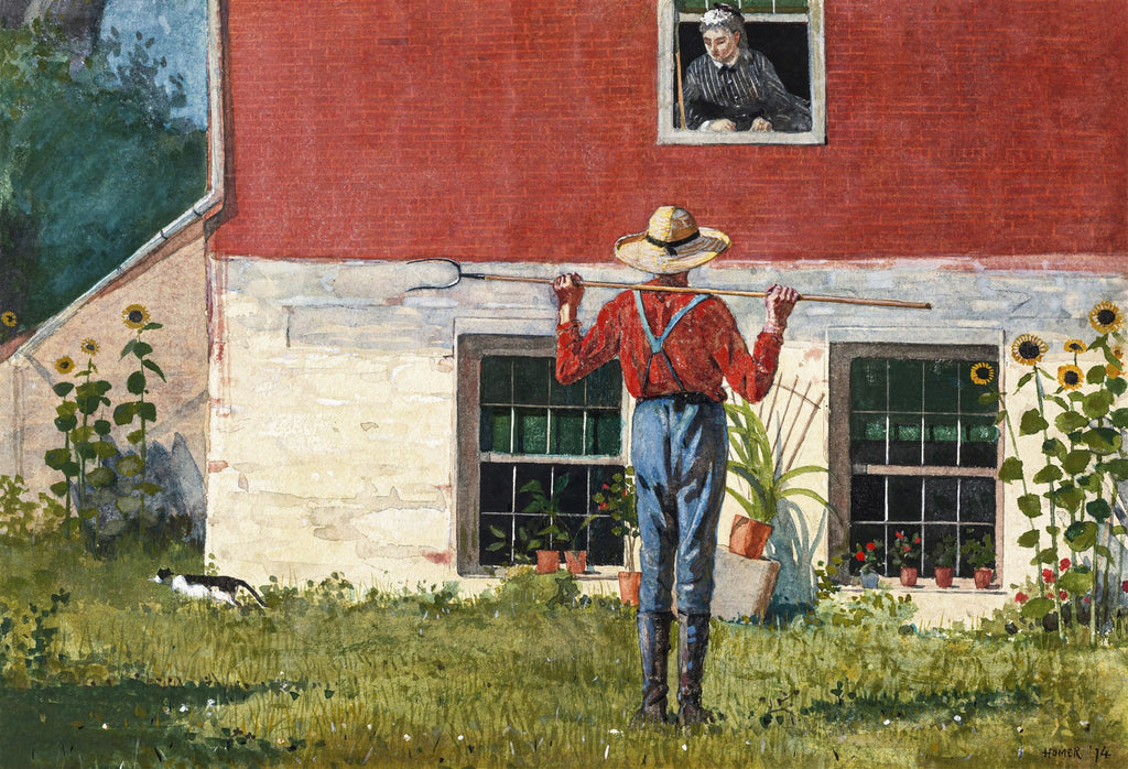 Quadro decorativo com aquarela de Winslow Homer, retratando um homem de chapéu e macacão vermelho, de costas, carregando uma ferramenta de jardim, em frente a uma casa de tijolos vermelhos e reboco bege. Uma mulher observa da janela superior. Girassóis e um gato preto e branco são visíveis no jardim. Cena rural e bucólica.