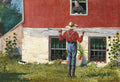 Quadro decorativo com aquarela de Winslow Homer, retratando um homem de chapéu e macacão vermelho, de costas, carregando uma ferramenta de jardim, em frente a uma casa de tijolos vermelhos e reboco bege. Uma mulher observa da janela superior. Girassóis e um gato preto e branco são visíveis no jardim. Cena rural e bucólica.