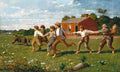 Uma pintura de Winslow Homer, 'Snap the Whip', retratando um grupo de meninos brincando em um campo verde, de mãos dadas, formando uma corrente humana. Há uma casa vermelha ao fundo e céu azul com nuvens brancas. Alguns meninos estão descalços.