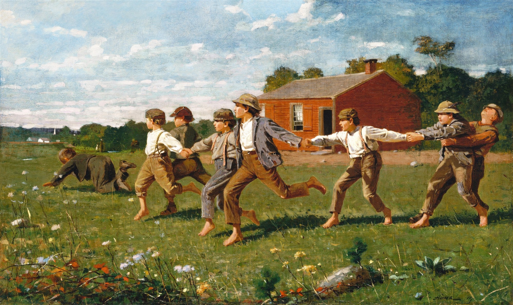 Uma pintura de Winslow Homer, 'Snap the Whip', retratando um grupo de meninos brincando em um campo verde, de mãos dadas, formando uma corrente humana. Há uma casa vermelha ao fundo e céu azul com nuvens brancas. Alguns meninos estão descalços.