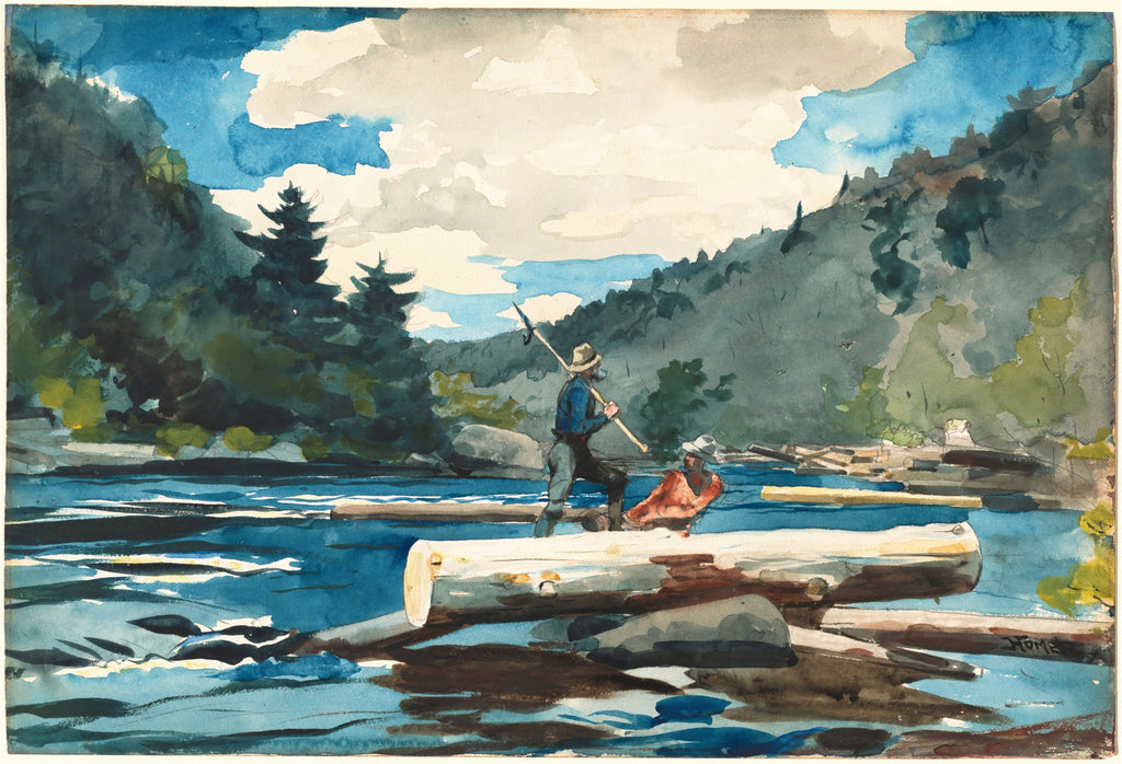 Quadro decorativo com uma pintura em aquarela de Winslow Homer, 'The Trapper', mostrando dois homens em toras flutuantes em um rio selvagem cercado por montanhas e pinheiros.