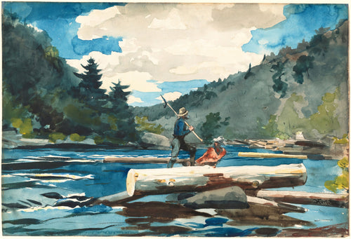 Quadro decorativo com uma pintura em aquarela de Winslow Homer, 'The Trapper', mostrando dois homens em toras flutuantes em um rio selvagem cercado por montanhas e pinheiros.