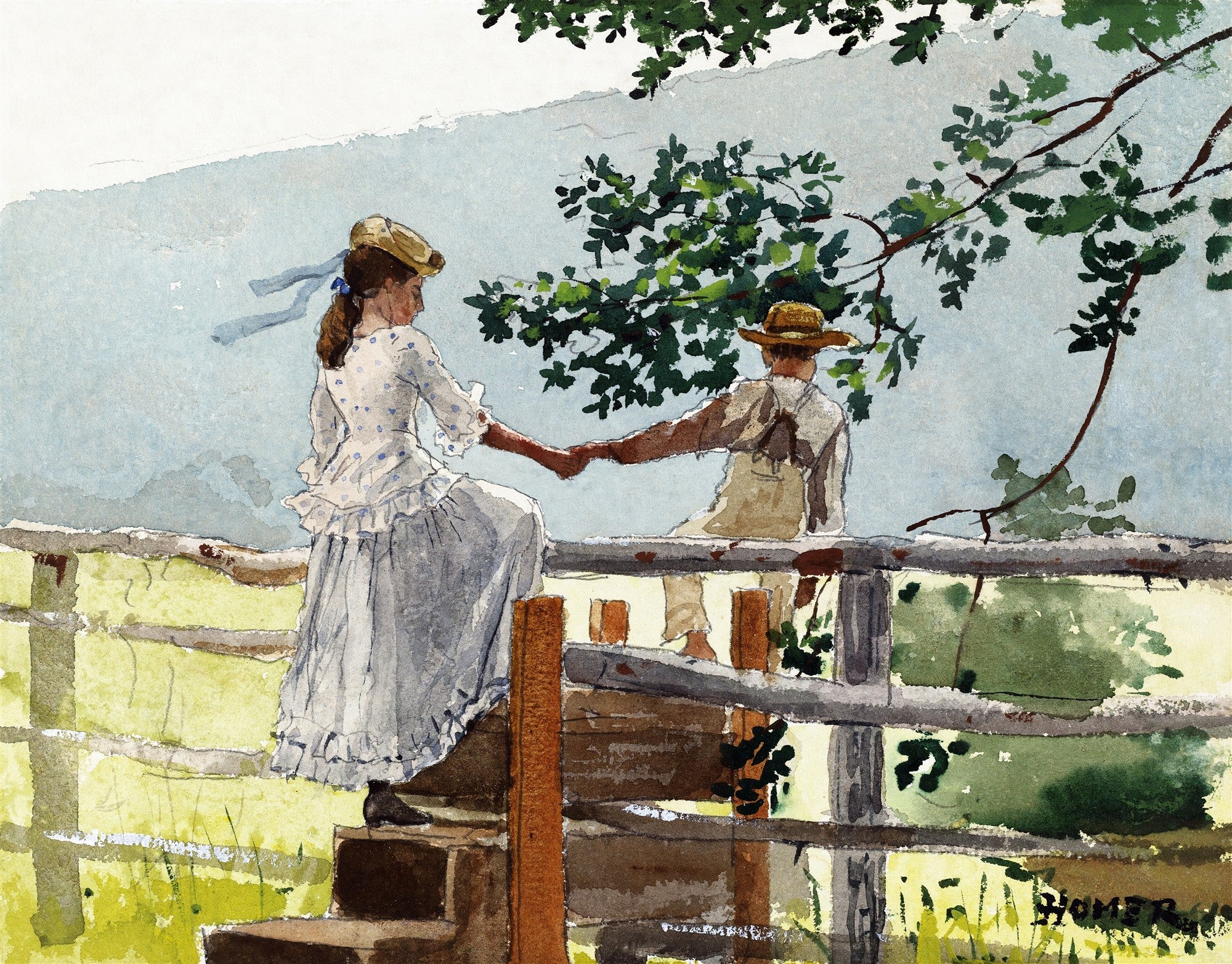 Quadro decorativo 'A Cerca' de Winslow Homer, retratando um casal jovem em um cenário campestre, com a mulher do lado esquerdo em um vestido branco e chapéu, estendendo a mão para o homem do lado direito, sentado em uma cerca de madeira sob a sombra de uma árvore. A obra é uma aquarela com tons suaves de verde, azul e marrom, com o céu claro ao fundo e vegetação densa.