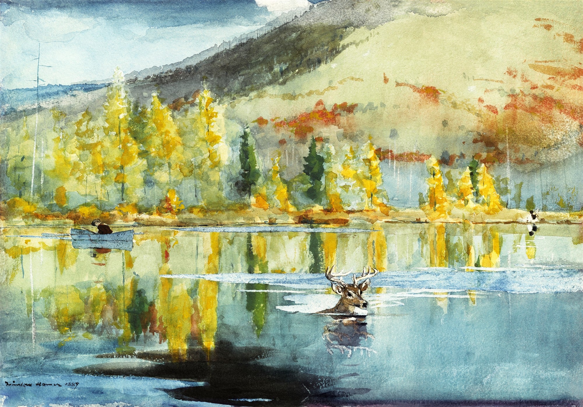 Pintura em aquarela de Winslow Homer, 'The Deer Hunters', retratando um cervo com galhada emergindo de um lago azul-esverdeado. Ao fundo, uma floresta densa com árvores de folhas amarelas e verdes em tons de outono, e uma montanha escura. A luz do sol ilumina a cena, criando reflexos vibrantes na água. Em um barco à direita, um homem em segundo plano.
