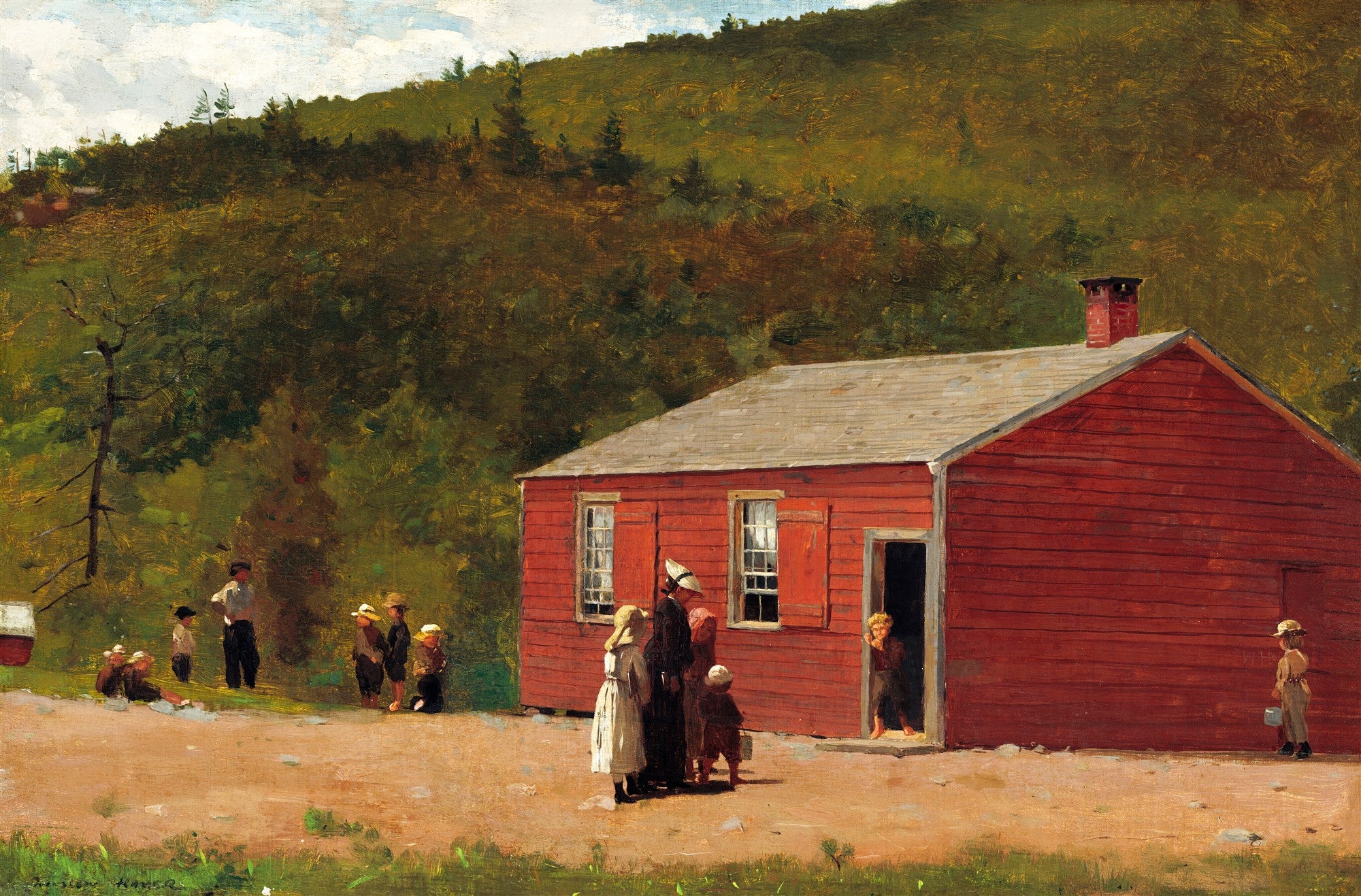Pintura a óleo de Winslow Homer, 'A Escola Antiga', retratando uma casa de escola vermelha com crianças e adultos em um ambiente rural verde exuberante sob um céu azul claro.