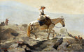 Uma mulher elegante a cavalo em uma paisagem rochosa montanhosa, com outros cavaleiros ao fundo. Pintura a óleo de Winslow Homer.