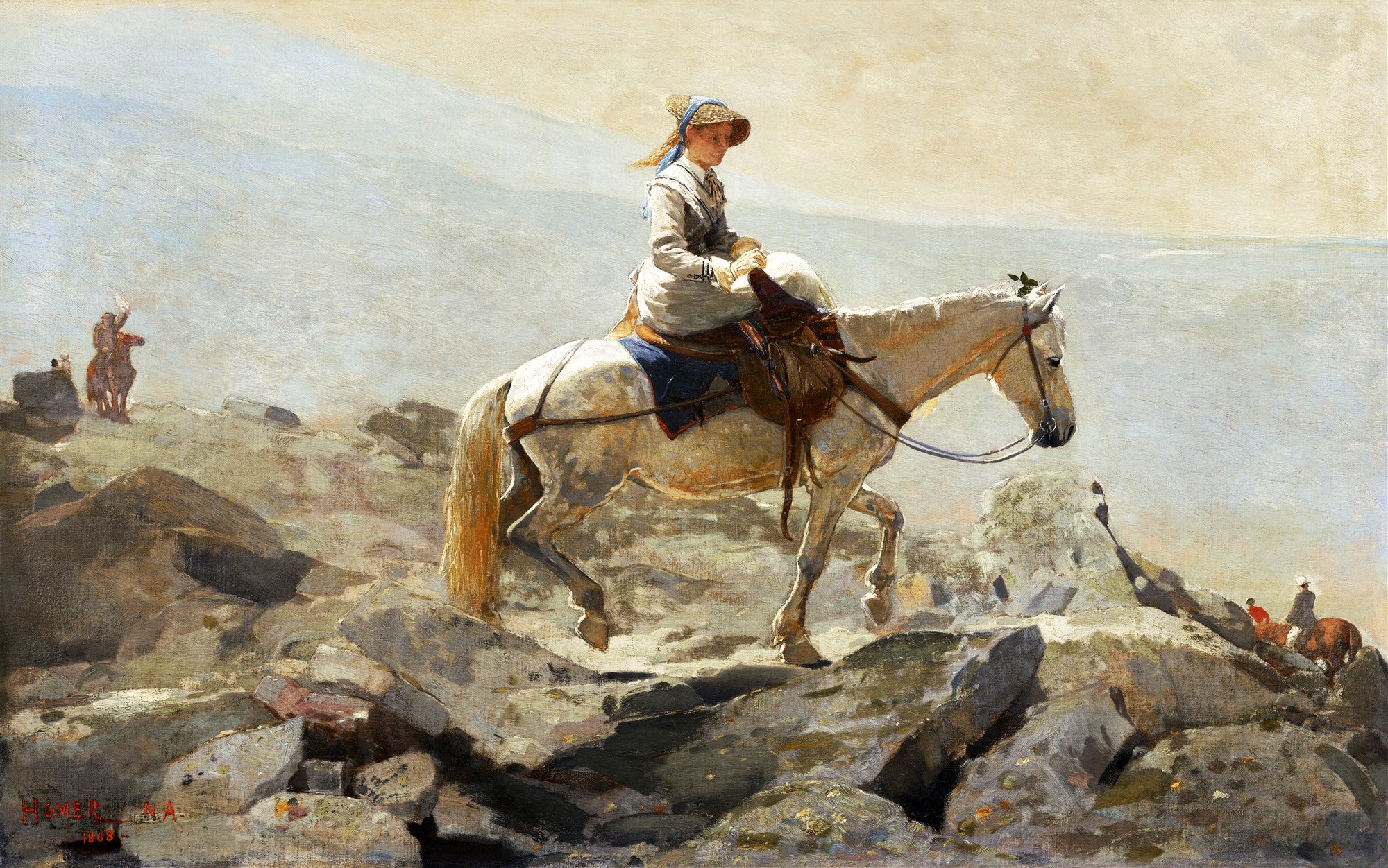 Uma mulher elegante a cavalo em uma paisagem rochosa montanhosa, com outros cavaleiros ao fundo. Pintura a óleo de Winslow Homer.
