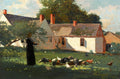 Quadro decorativo mostrando uma mulher de vestido escuro em um jardim com aves, ao fundo uma casa branca com telhado escuro e chaminés de tijolo, sob um céu azul claro com nuvens brancas, obra de Winslow Homer.