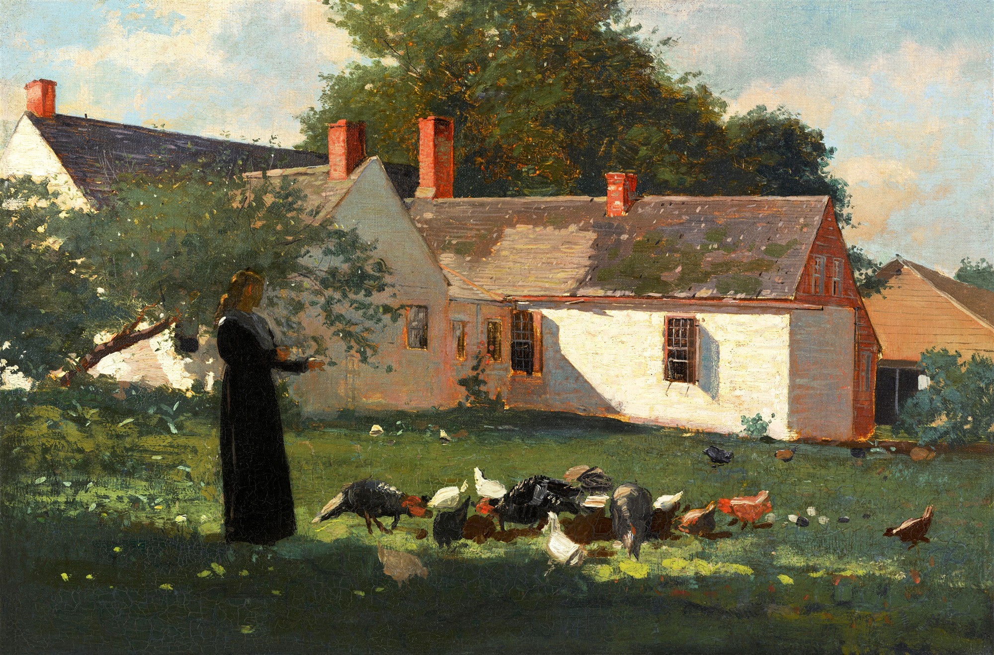 Quadro decorativo mostrando uma mulher de vestido escuro em um jardim com aves, ao fundo uma casa branca com telhado escuro e chaminés de tijolo, sob um céu azul claro com nuvens brancas, obra de Winslow Homer.