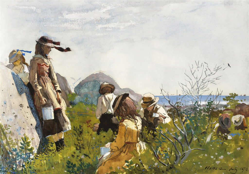 Quadro decorativo 'Blueberry Pickers' de Winslow Homer, retratando crianças colhendo mirtilos em um campo costeiro, com chapéus e baldes, sob um céu claro e vista para o mar ao fundo.