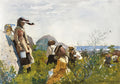 Quadro decorativo 'Blueberry Pickers' de Winslow Homer, retratando crianças colhendo mirtilos em um campo costeiro, com chapéus e baldes, sob um céu claro e vista para o mar ao fundo.