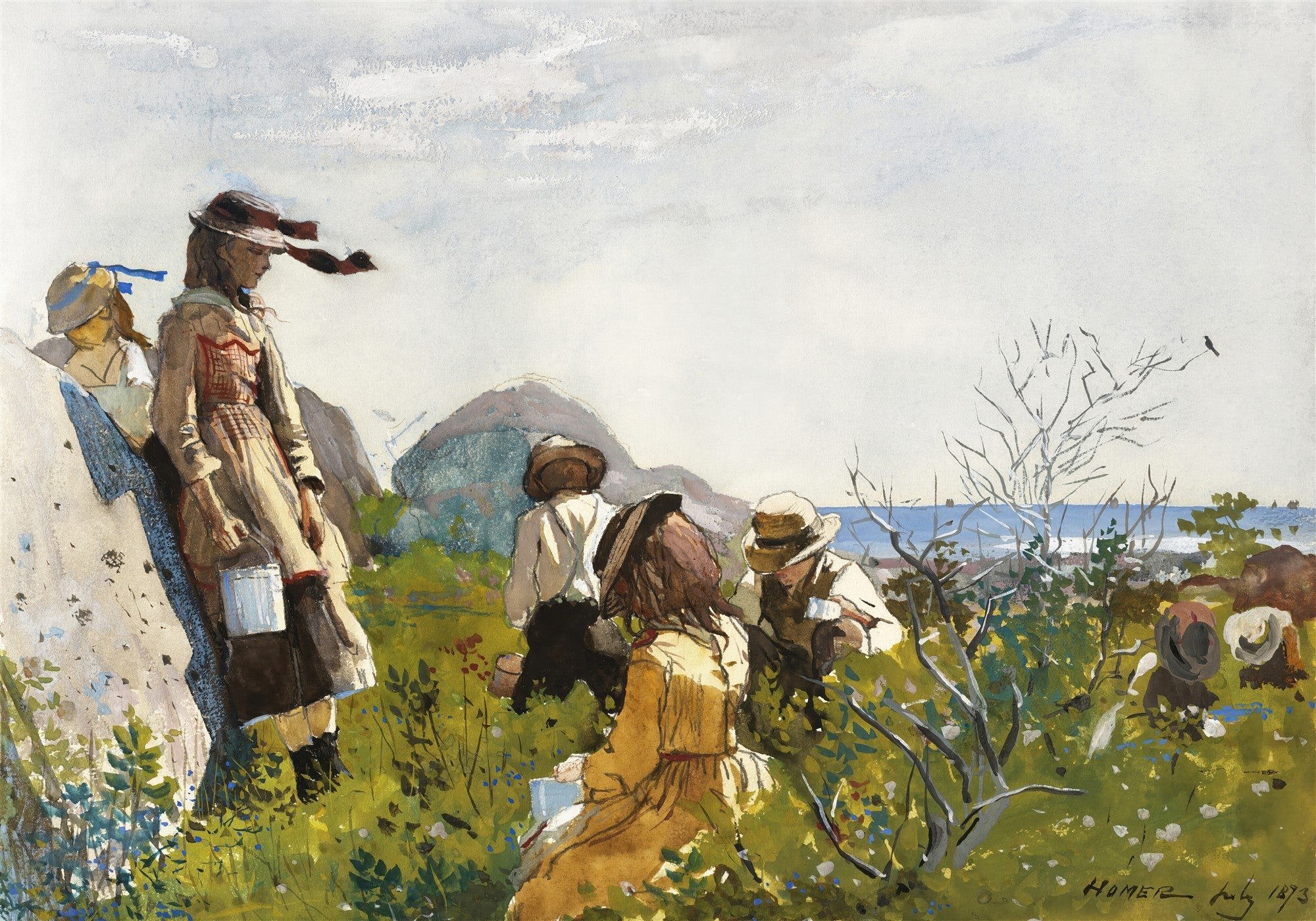 Quadro decorativo 'Blueberry Pickers' de Winslow Homer, retratando crianças colhendo mirtilos em um campo costeiro, com chapéus e baldes, sob um céu claro e vista para o mar ao fundo.