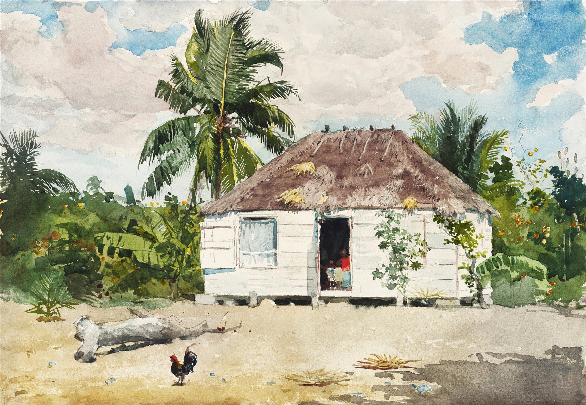 Quadro decorativo de Winslow Homer, 'A Tropical Cabin', mostrando uma cabana branca com telhado de palha, palmeiras, vegetação exuberante e um galo no chão, sob um céu azul com nuvens brancas, em estilo aquarela.