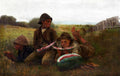 Quadro decorativo com a pintura "The Watermelon Eaters" de Winslow Homer, mostrando três meninos sentados na grama, comendo melancia sob um céu claro. Um dos meninos é afro-americano, e os outros dois são brancos. O menino deitado tem os pés para cima. A cena é campestre com uma cerca de madeira ao fundo.