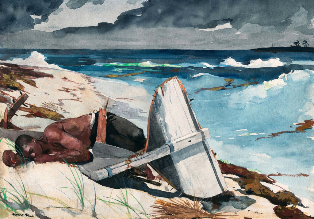Aquarela de Winslow Homer retratando um homem deitado na areia de uma praia, exausto, ao lado de destroços de barco, com o mar agitado e o céu cinzento ao fundo. A obra é "After the Hurricane, Bahamas".