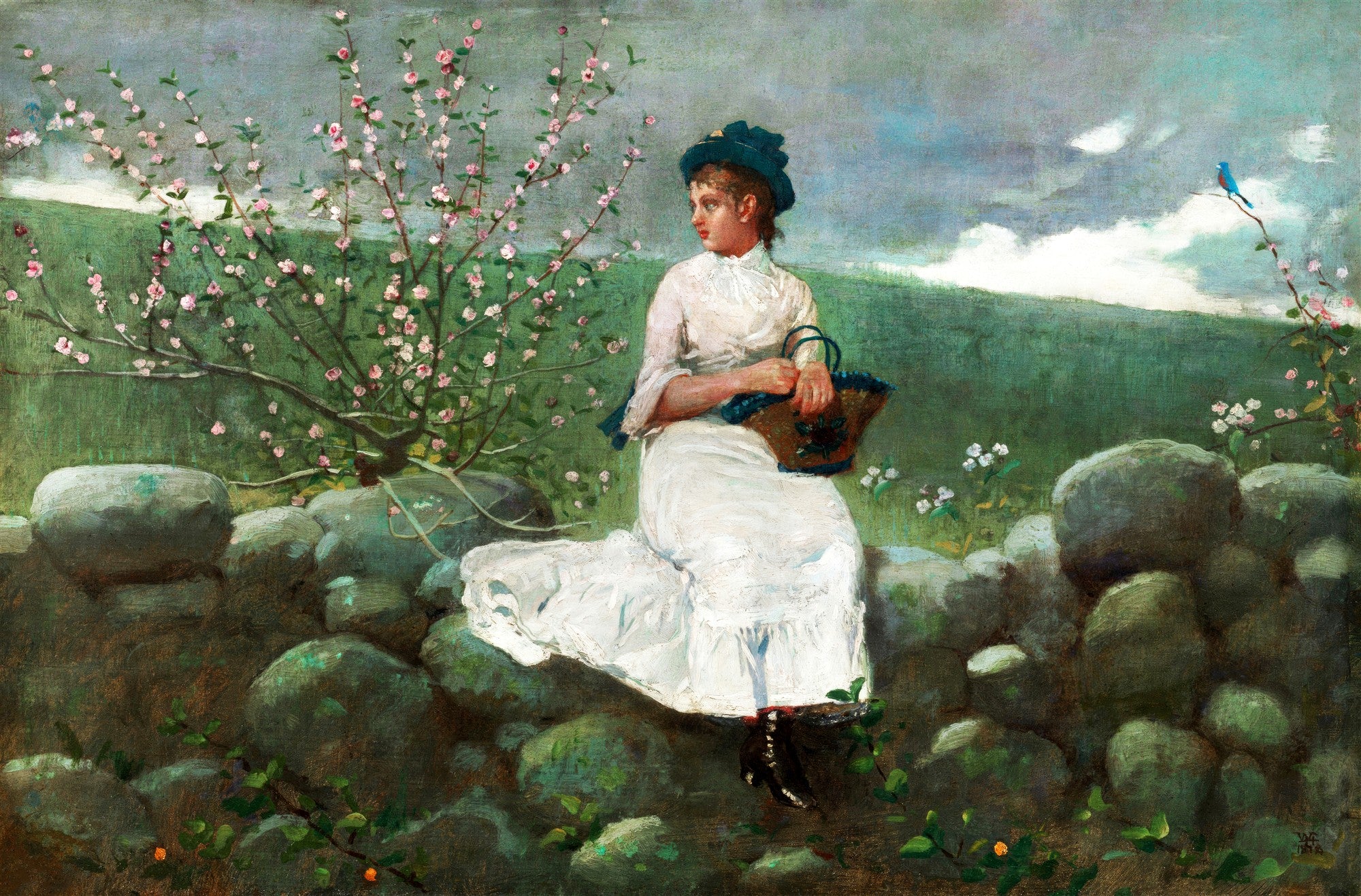 Quadro decorativo "A Peach Blow" de Winslow Homer, mostrando uma mulher sentada em um muro de pedras sob uma árvore de pessegueiro florida, com um pássaro azul ao fundo.