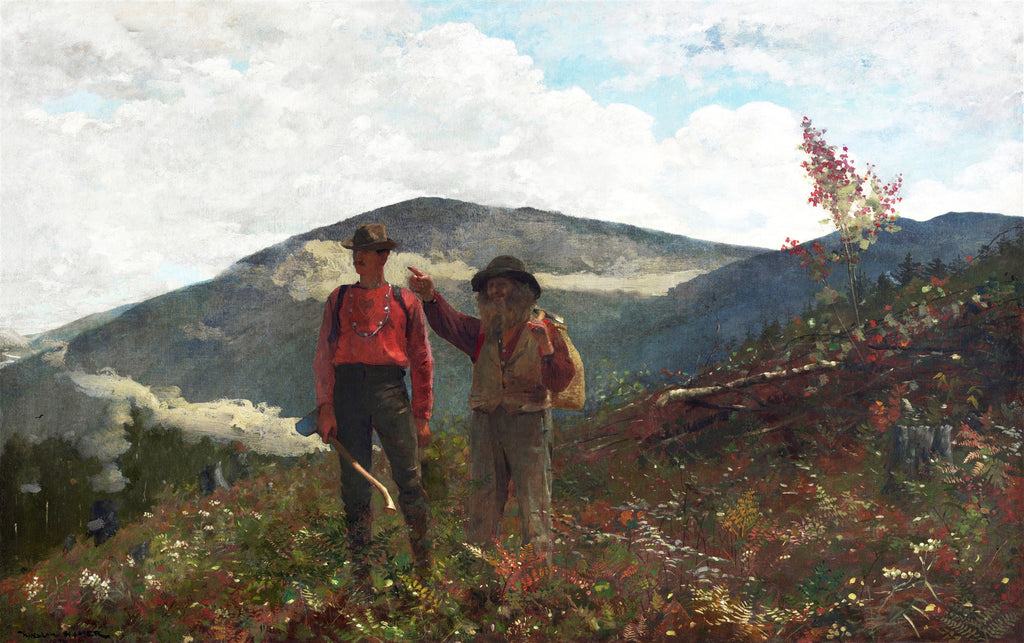 Pintura a óleo de Winslow Homer, 'The Adirondack Guide', mostrando dois homens em uma paisagem montanhosa. Um homem jovem com machado e um homem mais velho apontando para a distância, cercados por vegetação densa e montanhas ao fundo sob um céu nublado.