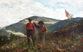 Pintura a óleo de Winslow Homer, 'The Adirondack Guide', mostrando dois homens em uma paisagem montanhosa. Um homem jovem com machado e um homem mais velho apontando para a distância, cercados por vegetação densa e montanhas ao fundo sob um céu nublado.