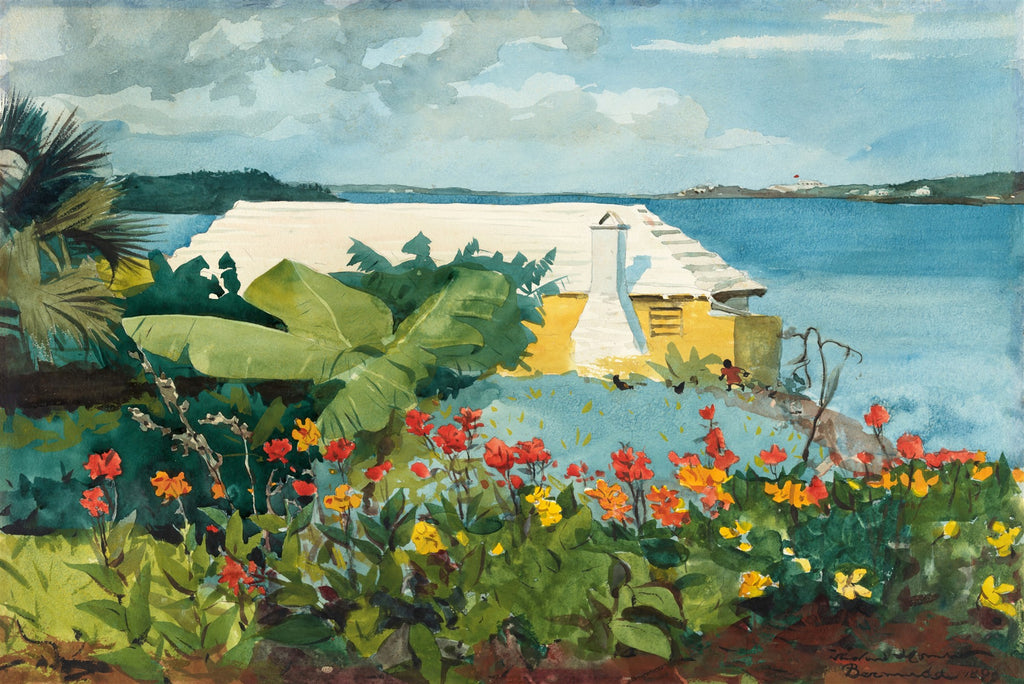 Quadro decorativo mostrando uma casa amarela com telhado branco à beira-mar, com um exuberante jardim de flores tropicais vermelhas e amarelas em primeiro plano, atribuído a Winslow Homer.