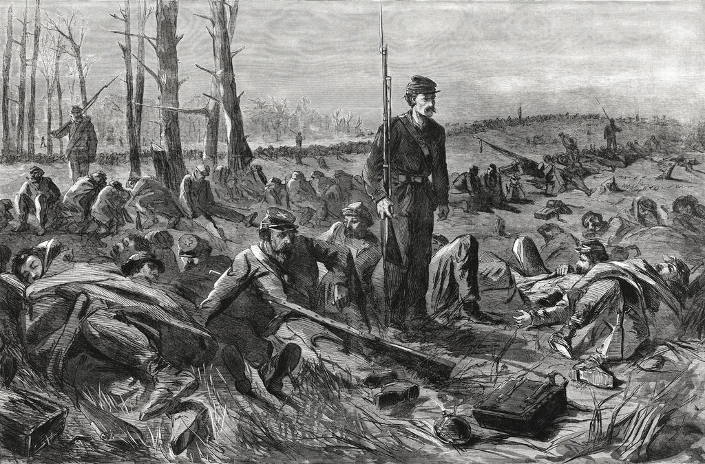 Gravura em preto e branco de Winslow Homer, 'The Brierwood Pipe', mostrando soldados descansando em um campo de batalha durante a Guerra Civil Americana, com um soldado em pé ao centro.