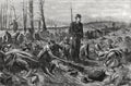 Gravura em preto e branco de Winslow Homer, 'The Brierwood Pipe', mostrando soldados descansando em um campo de batalha durante a Guerra Civil Americana, com um soldado em pé ao centro.