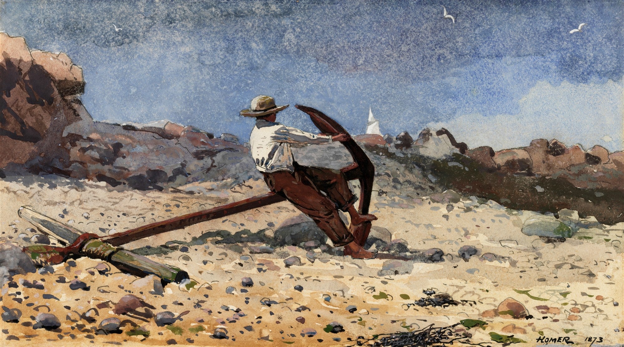 Quadro decorativo com aquarela de Winslow Homer, "Man and Anchor", mostrando um homem sentado em uma âncora na praia rochosa sob um céu azul e nublado, com gaivotas ao fundo.