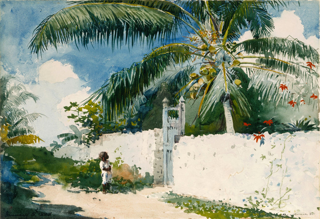 Quadro decorativo "A Voz do Convento" de Winslow Homer, aquarela com palmeiras, muro branco, portão e uma criança em um cenário tropical.