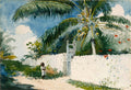 Quadro decorativo "A Voz do Convento" de Winslow Homer, aquarela com palmeiras, muro branco, portão e uma criança em um cenário tropical.