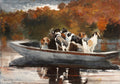 Quadro decorativo de Winslow Homer, 'Hound and Hunter', mostrando quatro cães de caça em uma canoa em tons de outono, refletindo na água. Obra do século XIX com técnica de aquarela.